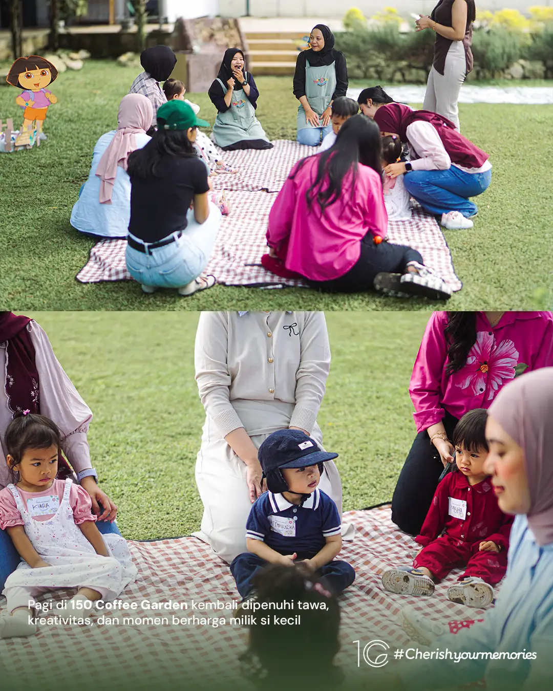Families sitting together on picnic mats across the grass