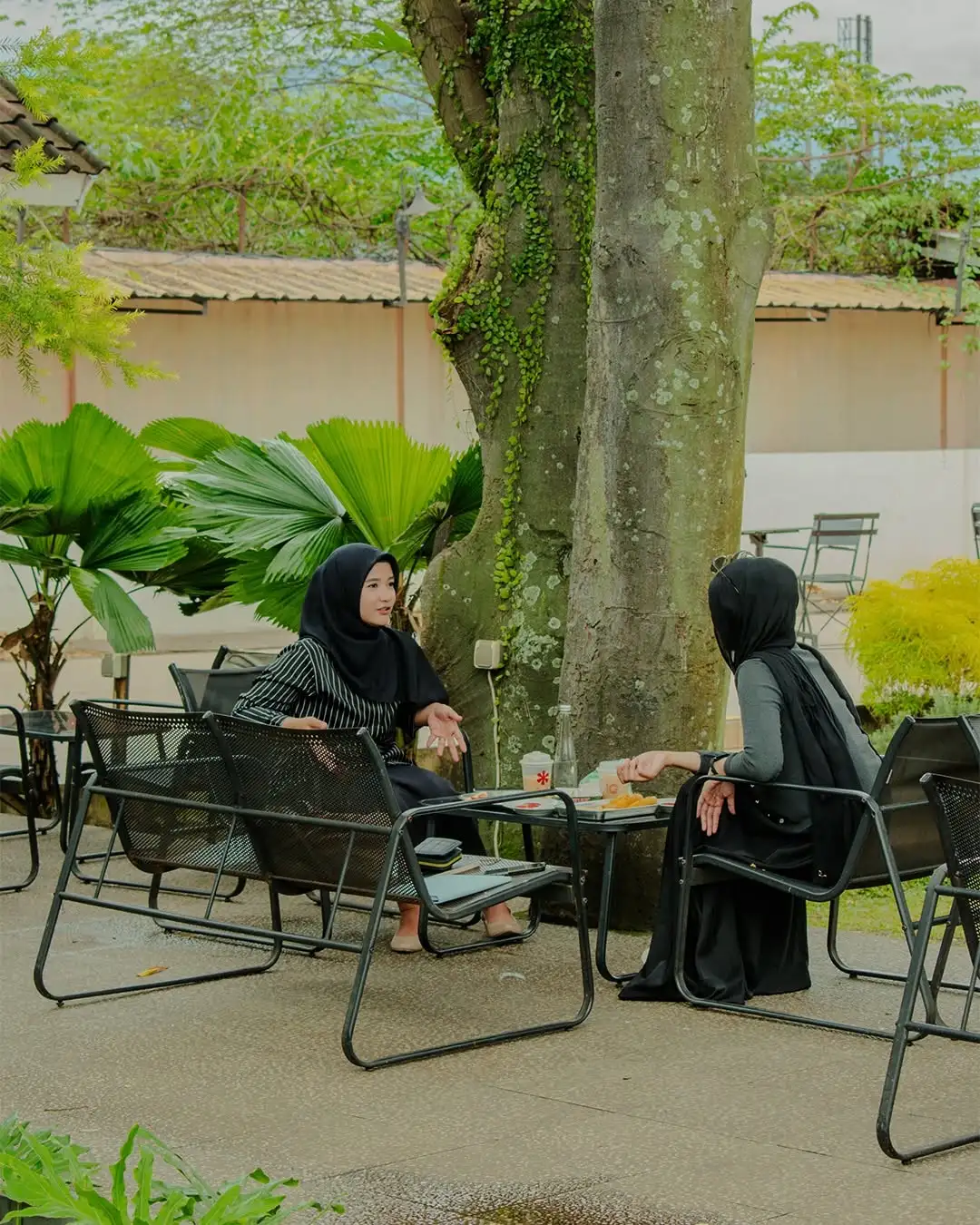 Guests sitting in garden chairs under a large shade tree