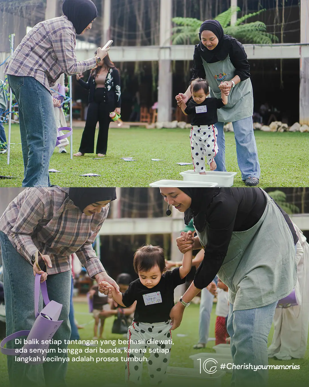 A mentor guiding a small child through an activity on the grass